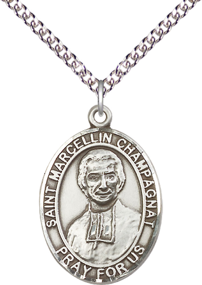 Sterling Silver Saint Marcellin Champagnat Pendant on a 24 inch Sterling Silver Heavy Curb chain