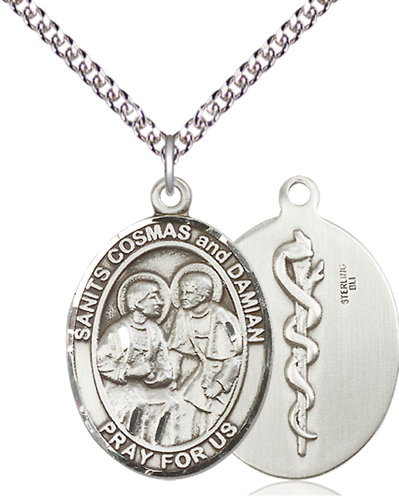 Sterling Silver Saints Cosmas &amp; Damian Doctors Pendant on a 24 inch Sterling Silver Heavy Curb chain