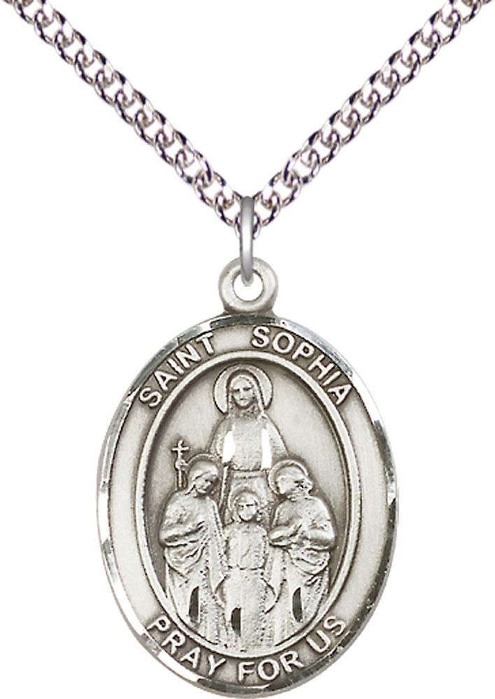 Sterling Silver Saint Sophia Pendant on a 24 inch Sterling Silver Heavy Curb chain