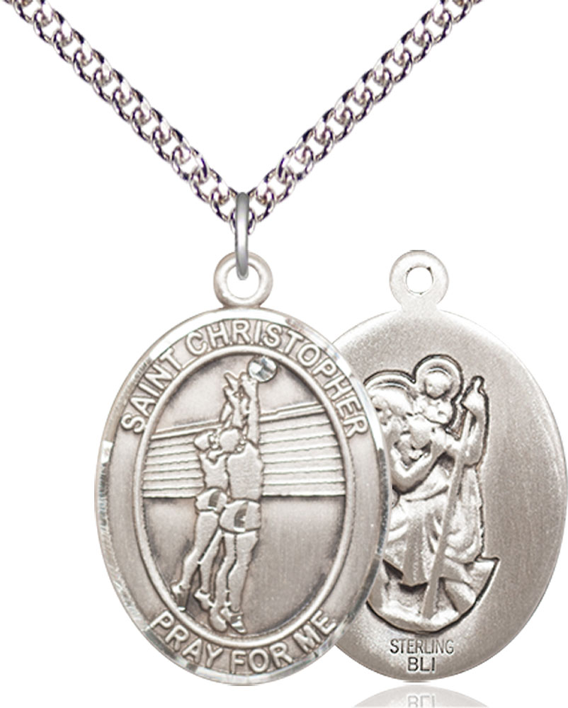 Sterling Silver Saint Christopher Volleyball Pendant on a 24 inch Sterling Silver Heavy Curb chain