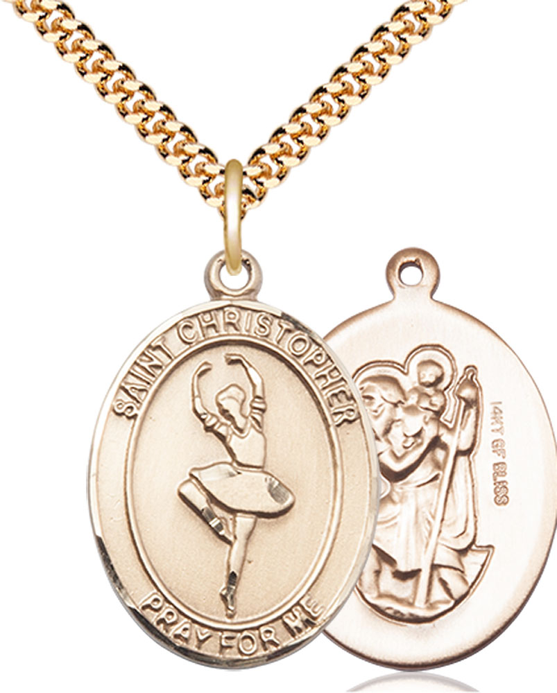 14kt Gold Filled Saint Christopher Dance Pendant on a 24 inch Gold Plate Heavy Curb chain
