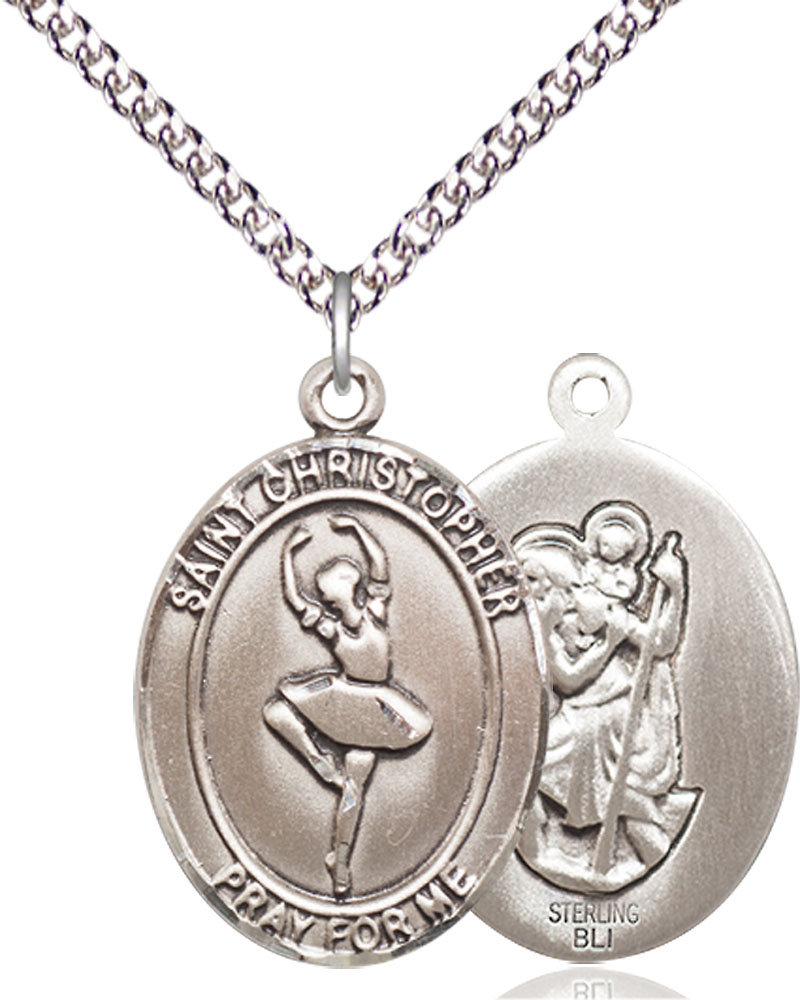 Sterling Silver Saint Christopher Dance Pendant on a 24 inch Sterling Silver Heavy Curb chain