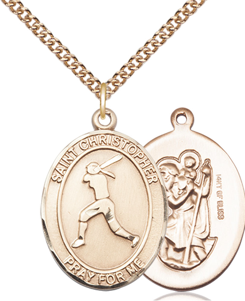 14kt Gold Filled Saint Christopher Softball Pendant on a 24 inch Gold Filled Heavy Curb chain