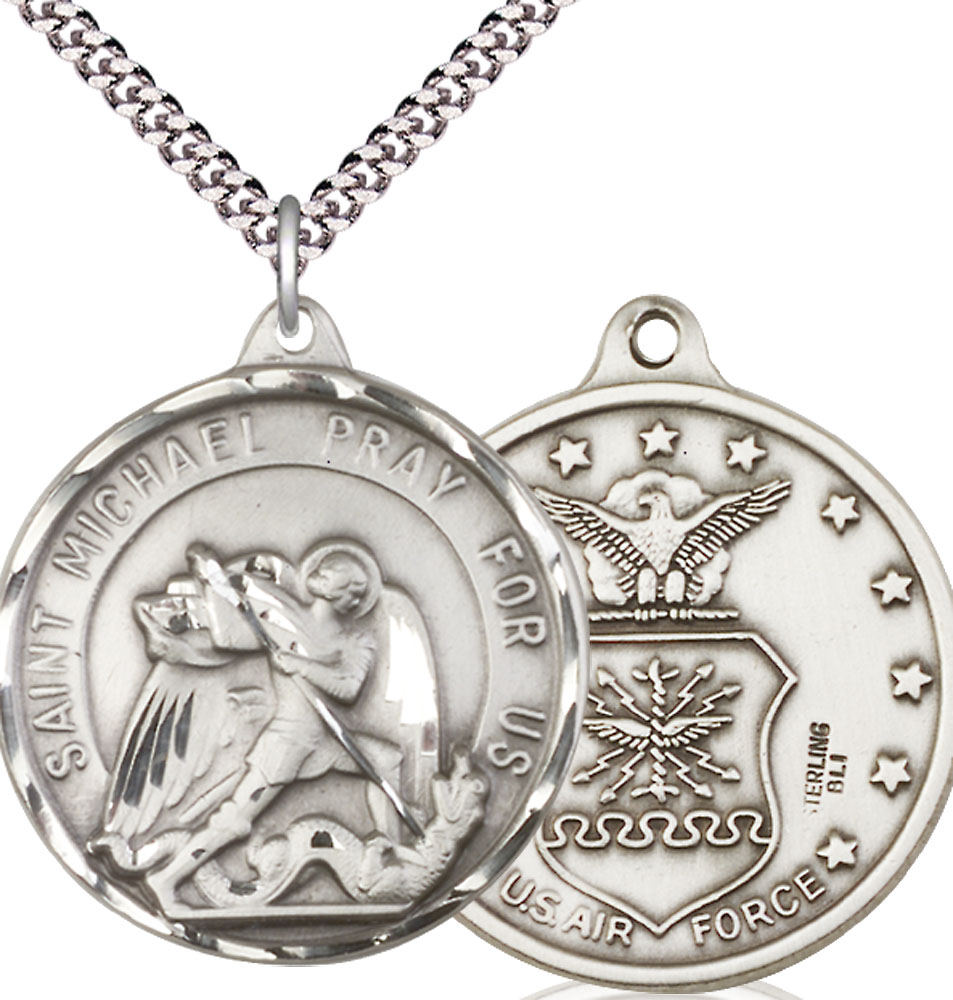Sterling Silver Saint Michael Air Force Pendant on a 24 inch Light Rhodium Heavy Curb chain