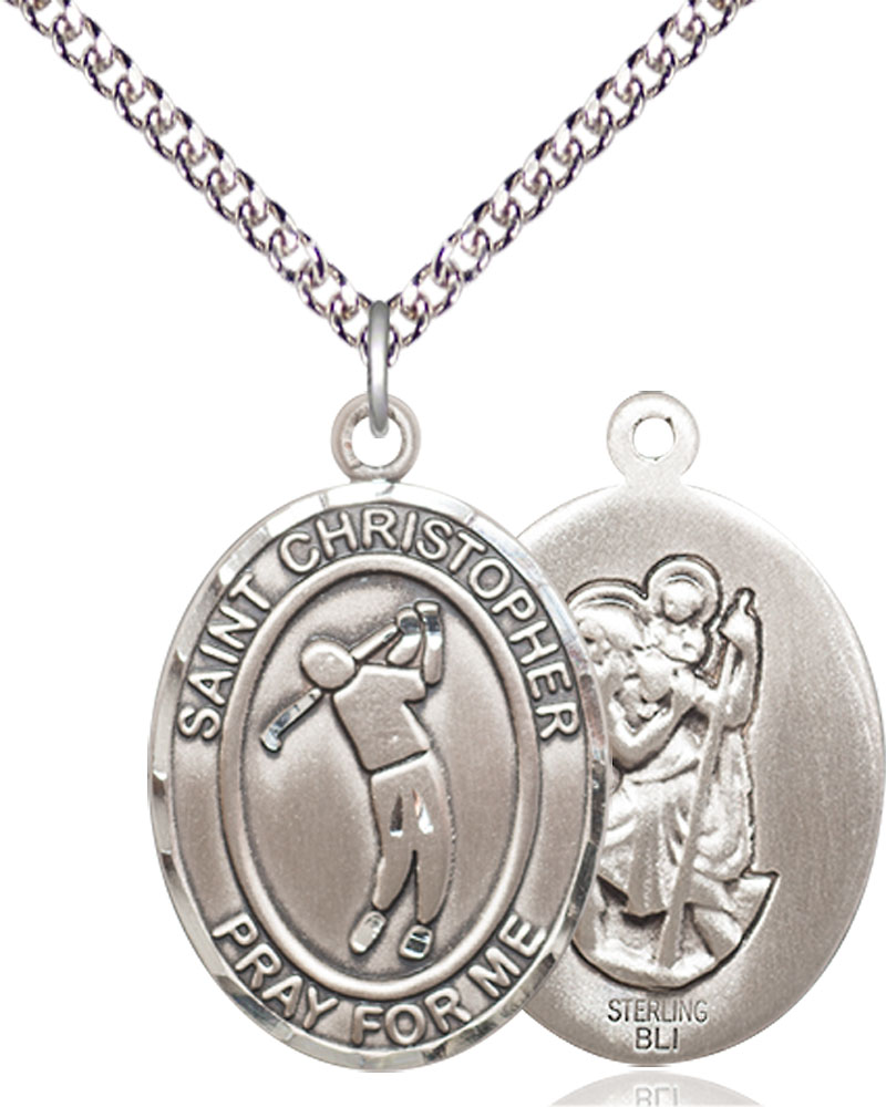 Sterling Silver Saint Christopher Golf Pendant on a 24 inch Sterling Silver Heavy Curb chain