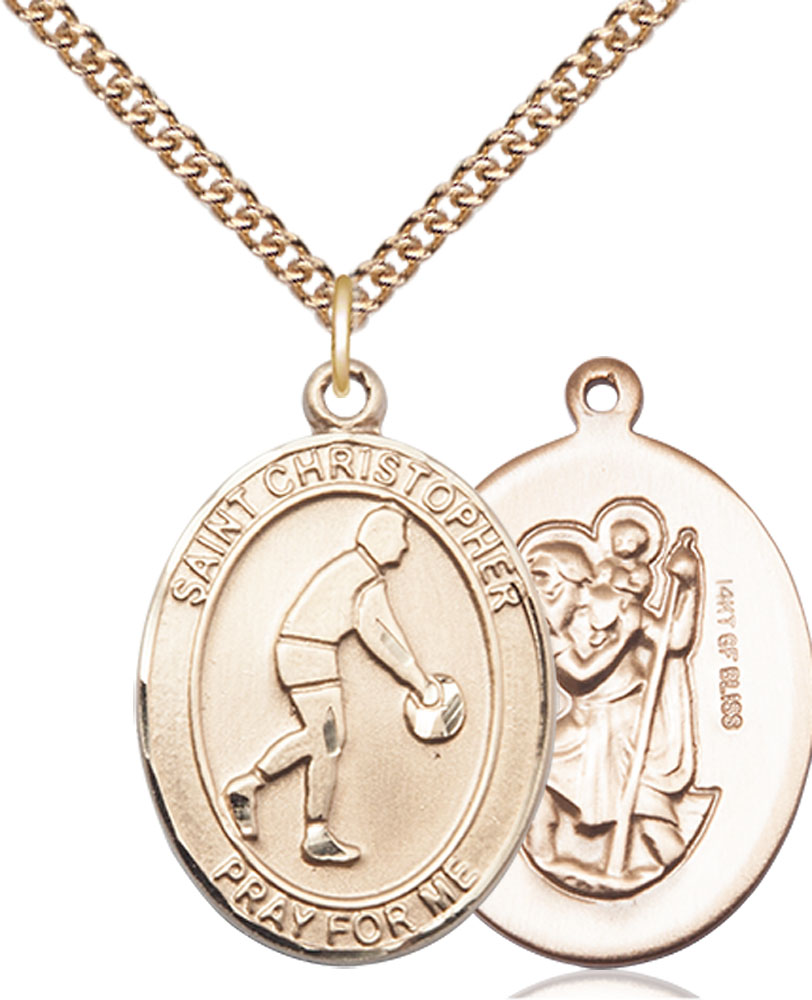 14kt Gold Filled Saint Christopher Basketball Pendant on a 24 inch Gold Filled Heavy Curb chain