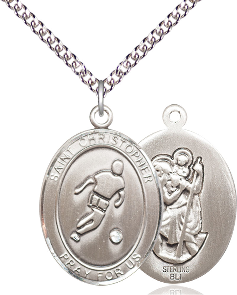 Sterling Silver Saint Christopher Soccer Pendant on a 24 inch Sterling Silver Heavy Curb chain