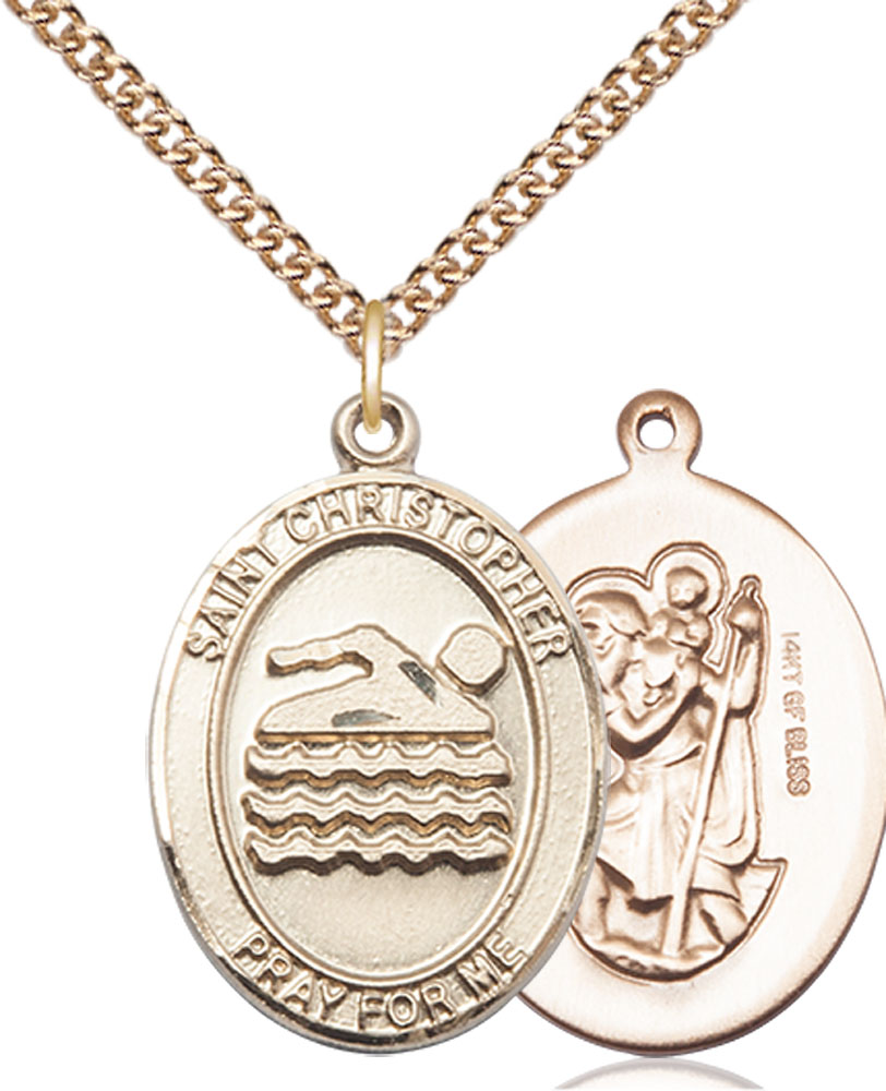 14kt Gold Filled Saint Christopher Swimming Pendant on a 24 inch Gold Filled Heavy Curb chain