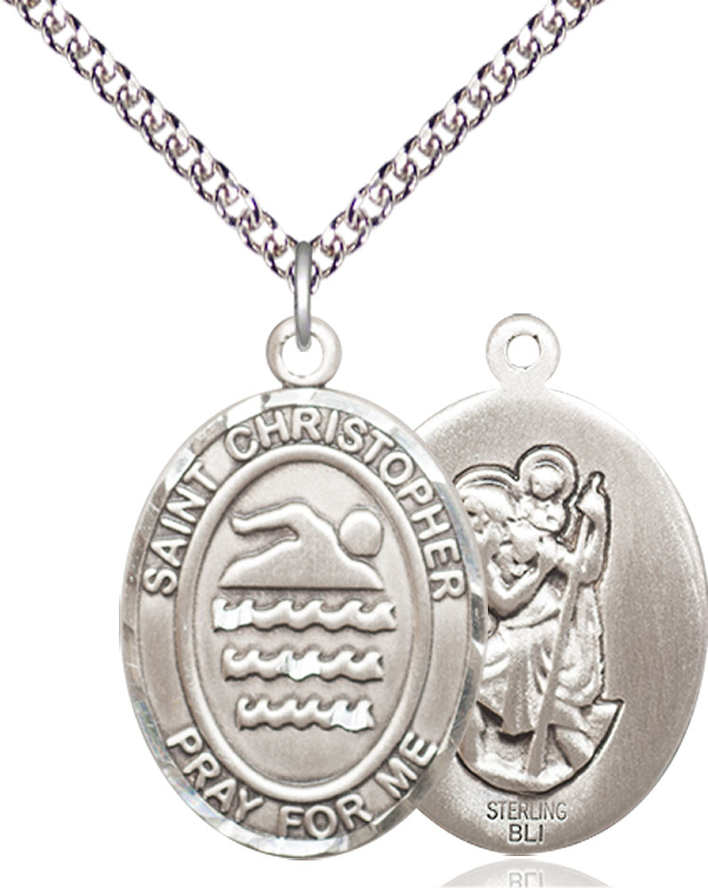 Sterling Silver Saint Christopher Swimming Pendant on a 24 inch Sterling Silver Heavy Curb chain