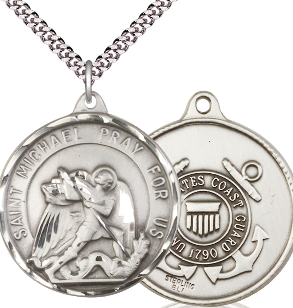 Sterling Silver Saint Michael Coast Guard Pendant on a 24 inch Light Rhodium Heavy Curb chain