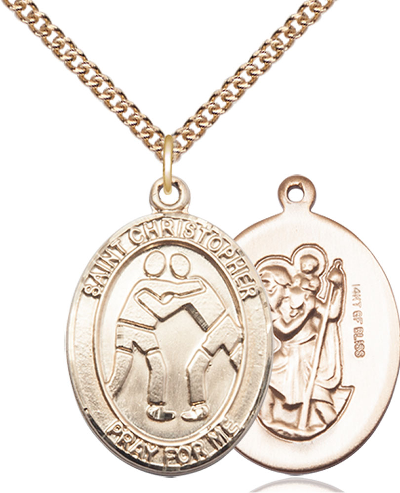 14kt Gold Filled Saint Christopher Wrestling Pendant on a 24 inch Gold Filled Heavy Curb chain