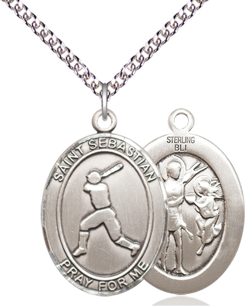 Sterling Silver Saint Sebastian Baseball Pendant on a 24 inch Sterling Silver Heavy Curb chain