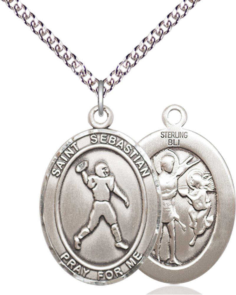 Sterling Silver Saint Sebastian Football Pendant on a 24 inch Sterling Silver Heavy Curb chain