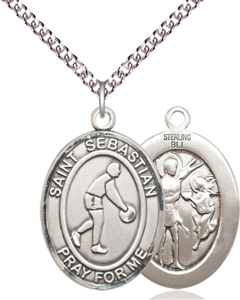 Sterling Silver Saint Sebastian Basketball Pendant on a 24 inch Sterling Silver Heavy Curb chain