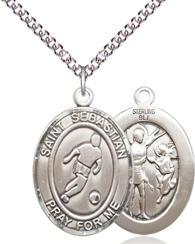 Sterling Silver Saint Sebastian Soccer Pendant on a 24 inch Sterling Silver Heavy Curb chain
