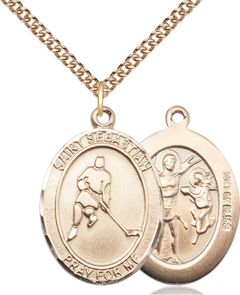 14kt Gold Filled Saint Sebastian Ice Hockey Pendant on a 24 inch Gold Filled Heavy Curb chain