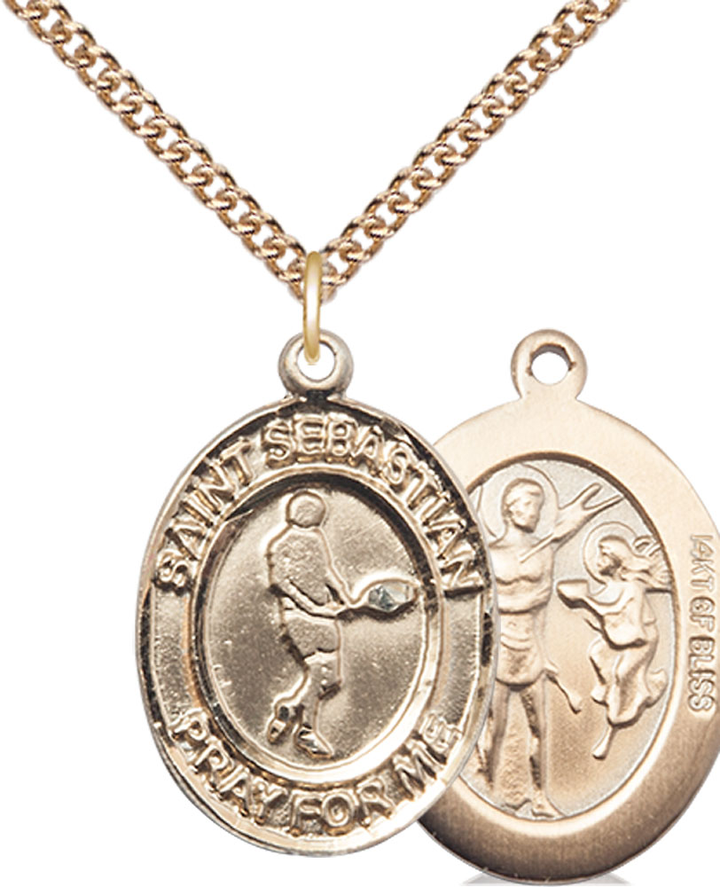 14kt Gold Filled Saint Sebastian Tennis Pendant on a 24 inch Gold Filled Heavy Curb chain