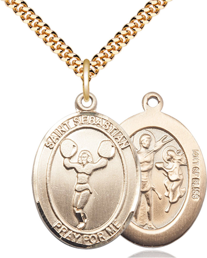 14kt Gold Filled Saint Sebastian Cheerleading Pendant on a 24 inch Gold Plate Heavy Curb chain