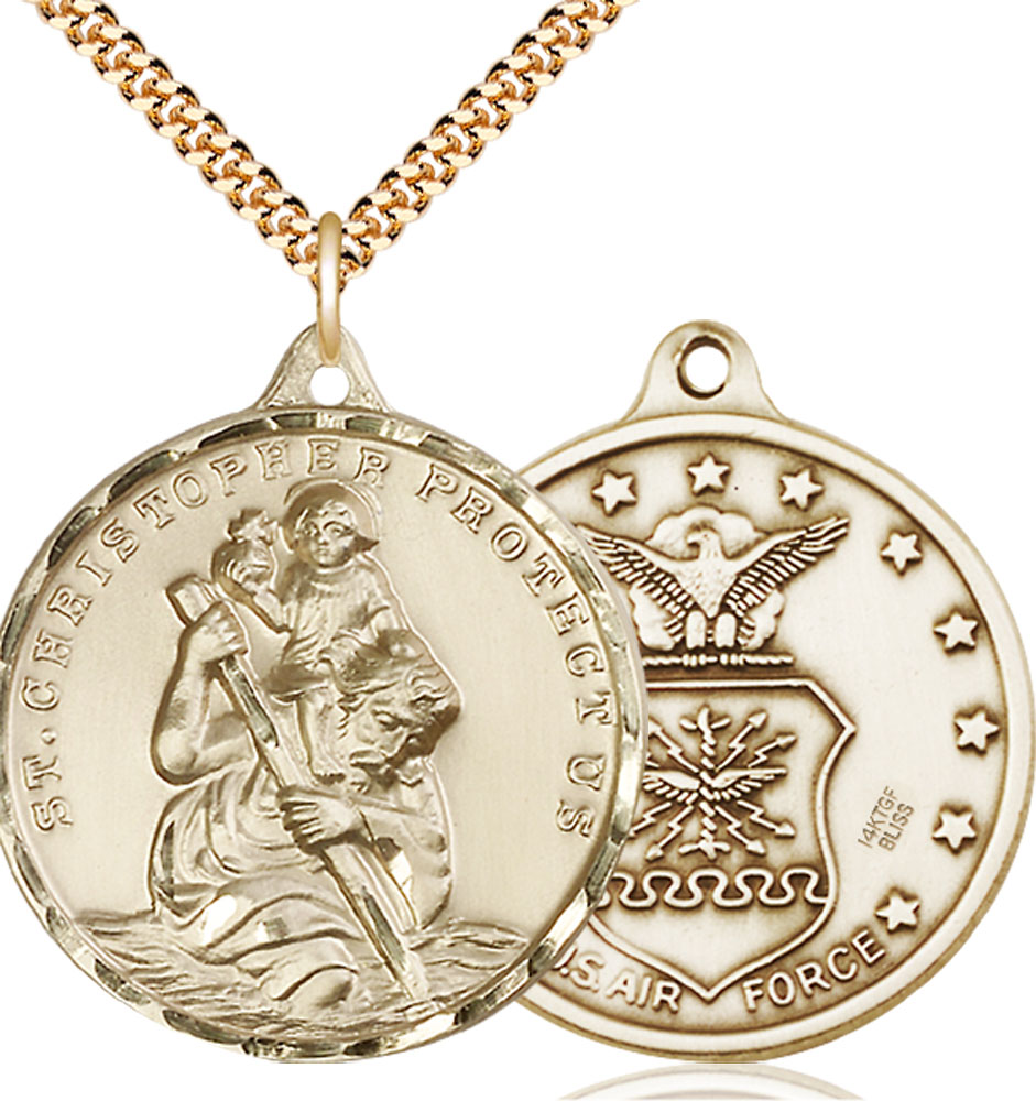 14kt Gold Filled Saint Christopher Air Force Pendant on a 24 inch Gold Plate Heavy Curb chain