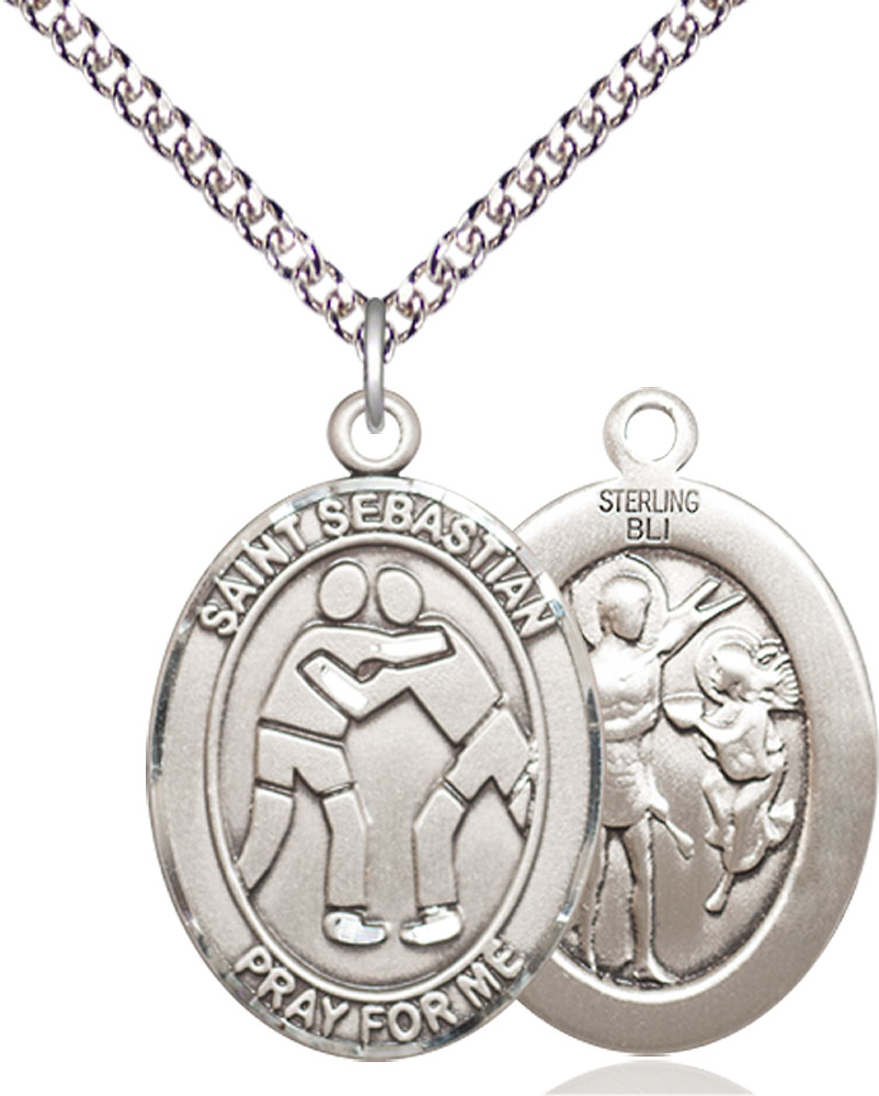 Sterling Silver Saint Sebastian Wrestling Pendant on a 24 inch Sterling Silver Heavy Curb chain