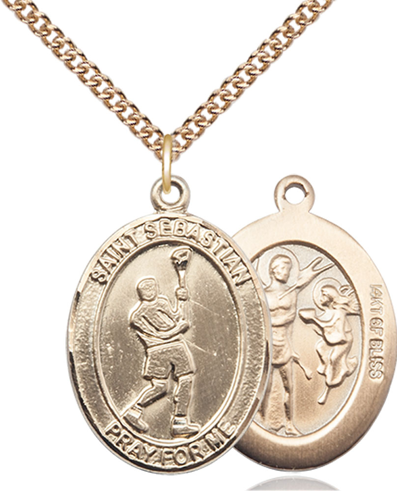 14kt Gold Filled Saint Sebastian Lacrosse Pendant on a 24 inch Gold Filled Heavy Curb chain