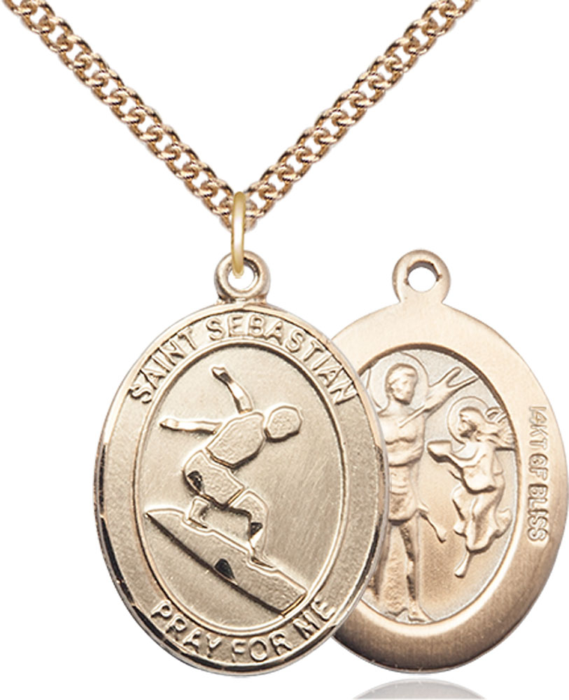 14kt Gold Filled Saint Sebastian Surfing Pendant on a 24 inch Gold Filled Heavy Curb chain