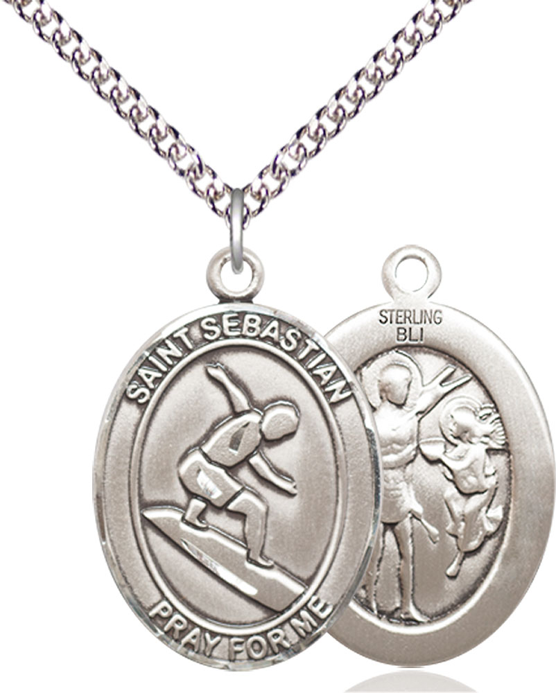 Sterling Silver Saint Sebastian Surfing Pendant on a 24 inch Sterling Silver Heavy Curb chain