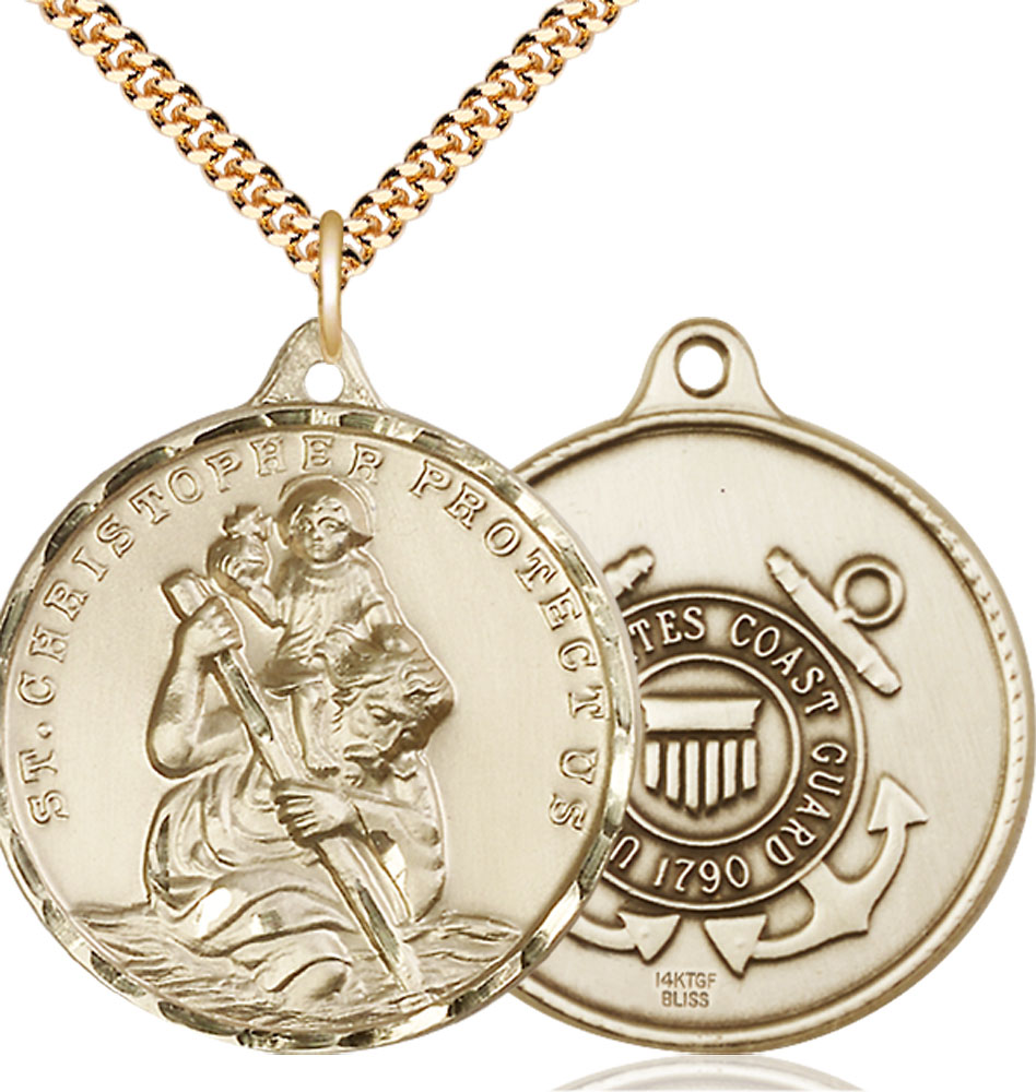 14kt Gold Filled Saint Christopher Coast Guard Pendant on a 24 inch Gold Plate Heavy Curb chain