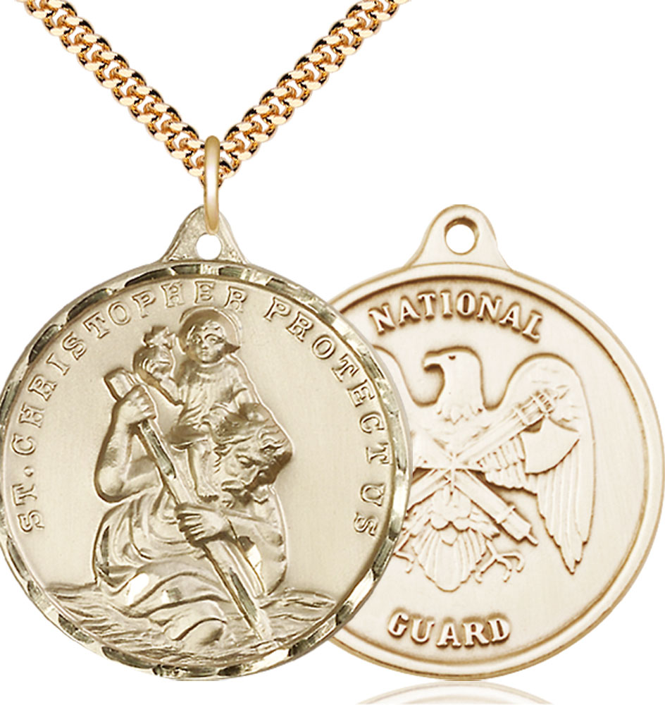 14kt Gold Filled Saint Christopher National Guard Pendant on a 24 inch Gold Plate Heavy Curb chain