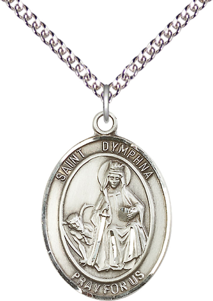Sterling Silver Saint Dymphna Pendant on a 24 inch Sterling Silver Heavy Curb chain