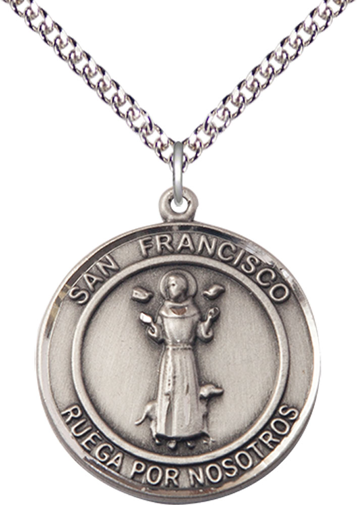 Sterling Silver San Francis of Assisi Pendant on a 24 inch Sterling Silver Heavy Curb chain