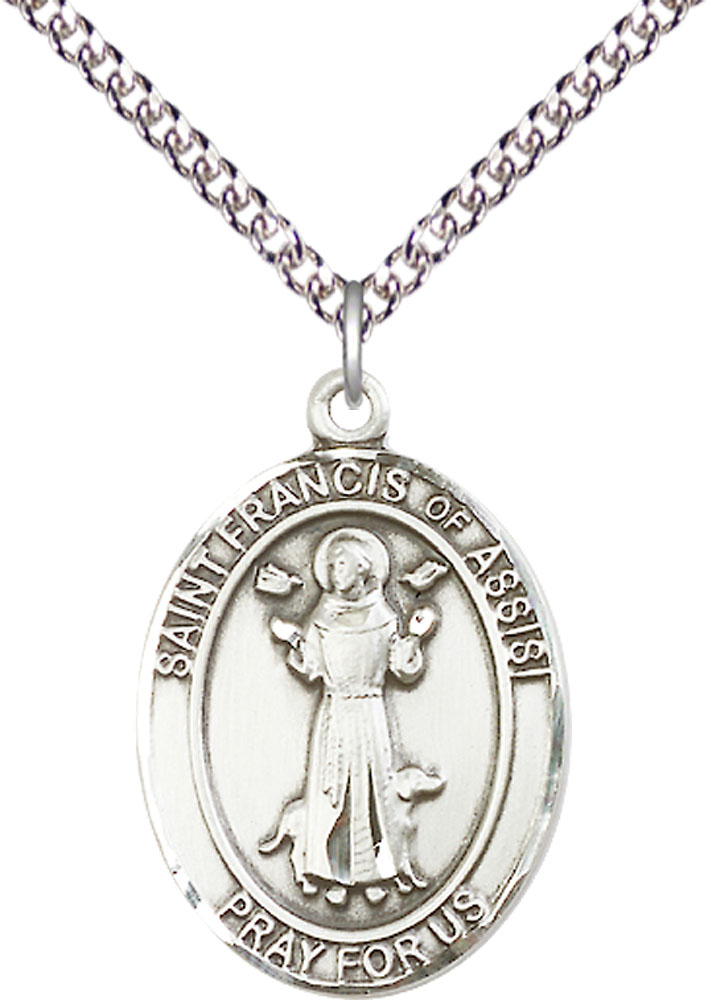 Sterling Silver Saint Francis of Assisi Pendant on a 24 inch Sterling Silver Heavy Curb chain