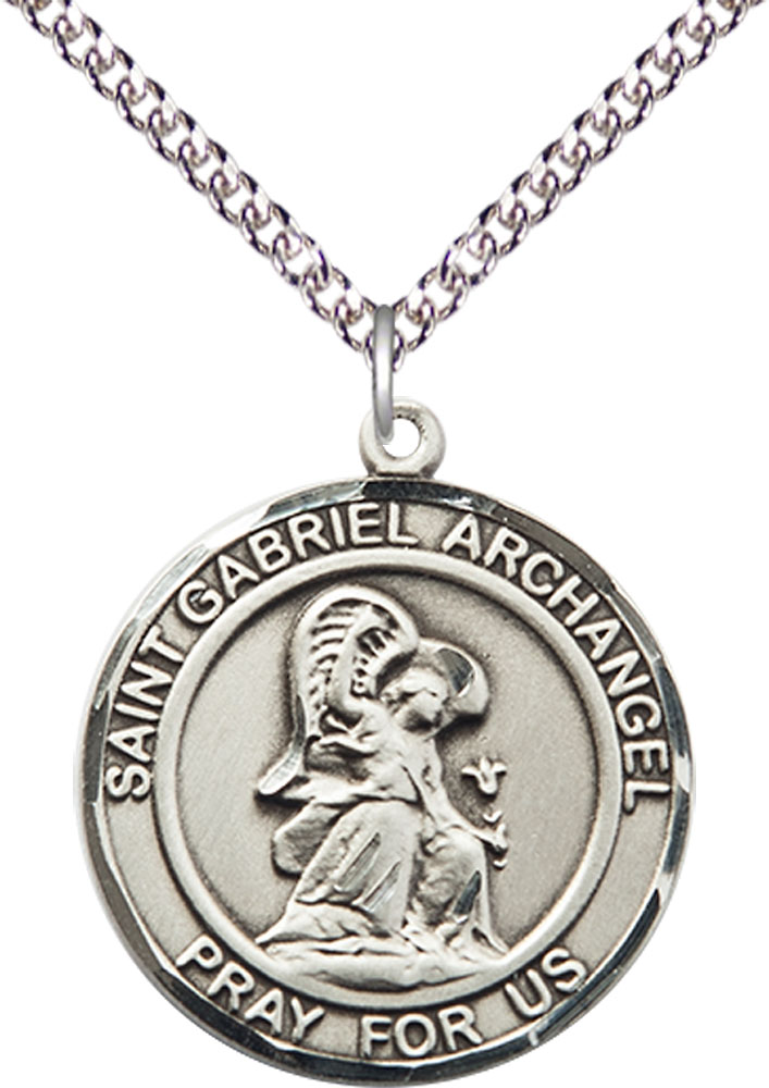 Sterling Silver Saint Gabriel the Archangel Pendant on a 24 inch Sterling Silver Heavy Curb chain