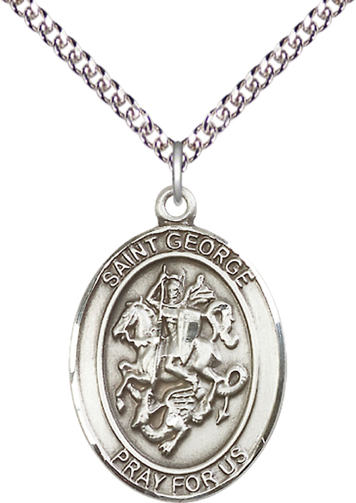 Sterling Silver Saint George Pendant on a 24 inch Sterling Silver Heavy Curb chain