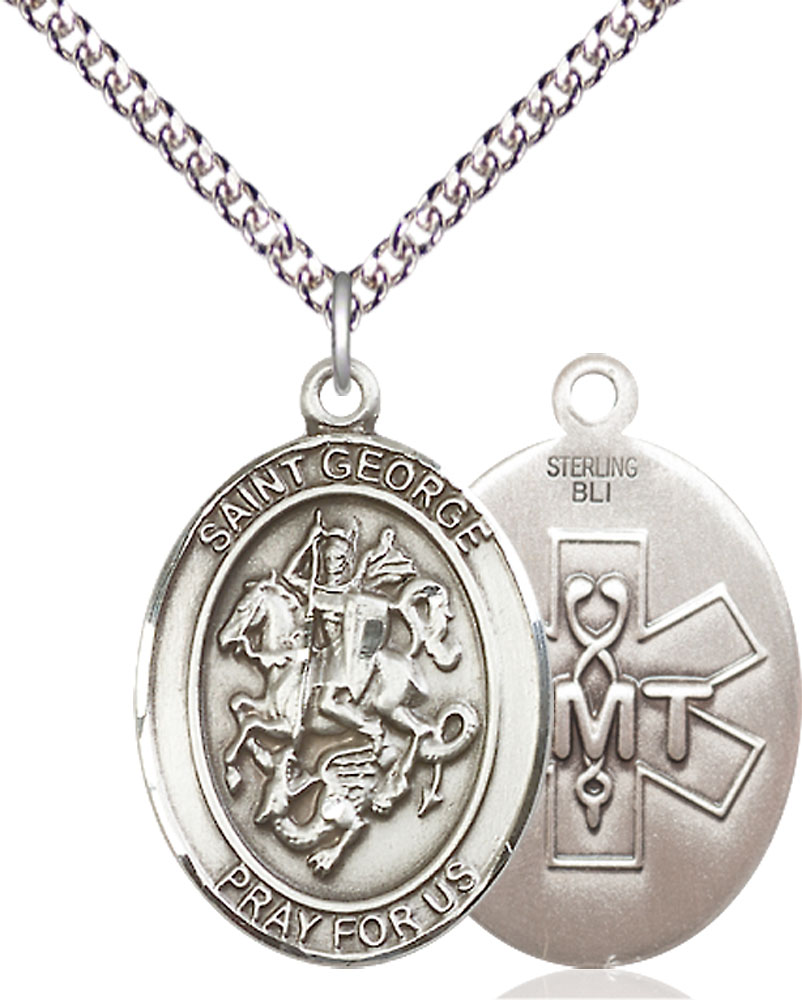 Sterling Silver Saint George EMT Pendant on a 24 inch Sterling Silver Heavy Curb chain