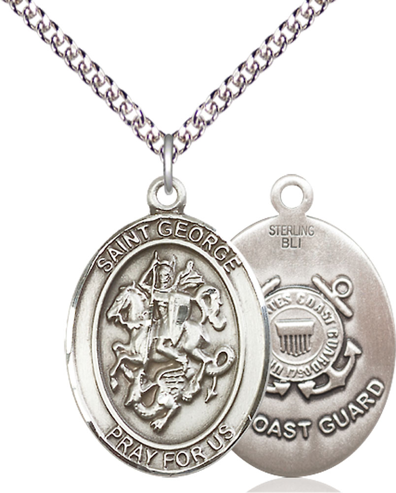 Sterling Silver Saint George Coast Guard Pendant on a 24 inch Sterling Silver Heavy Curb chain