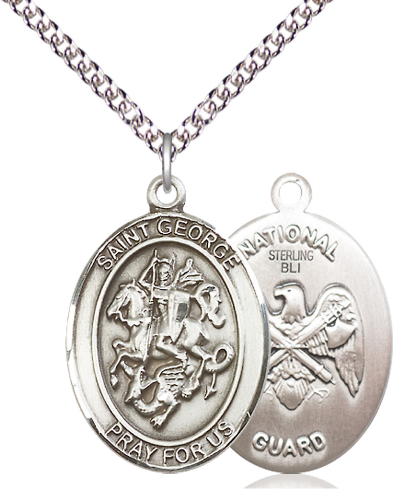 Sterling Silver Saint George National Guard Pendant on a 24 inch Sterling Silver Heavy Curb chain