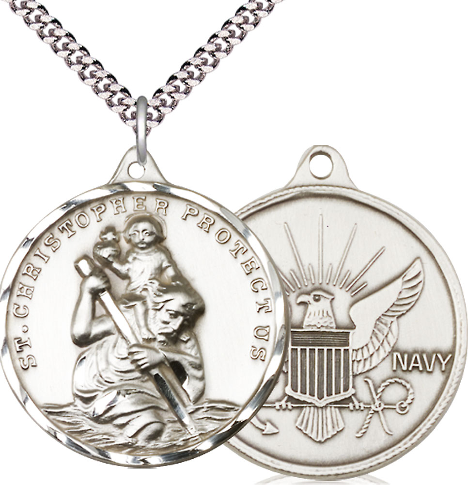 Sterling Silver Saint Christopher Navy Pendant on a 24 inch Light Rhodium Heavy Curb chain
