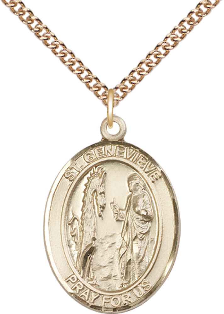 14kt Gold Filled Saint Genevieve Pendant on a 24 inch Gold Filled Heavy Curb chain