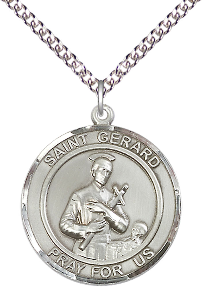 Sterling Silver Saint Gerard Pendant on a 24 inch Sterling Silver Heavy Curb chain