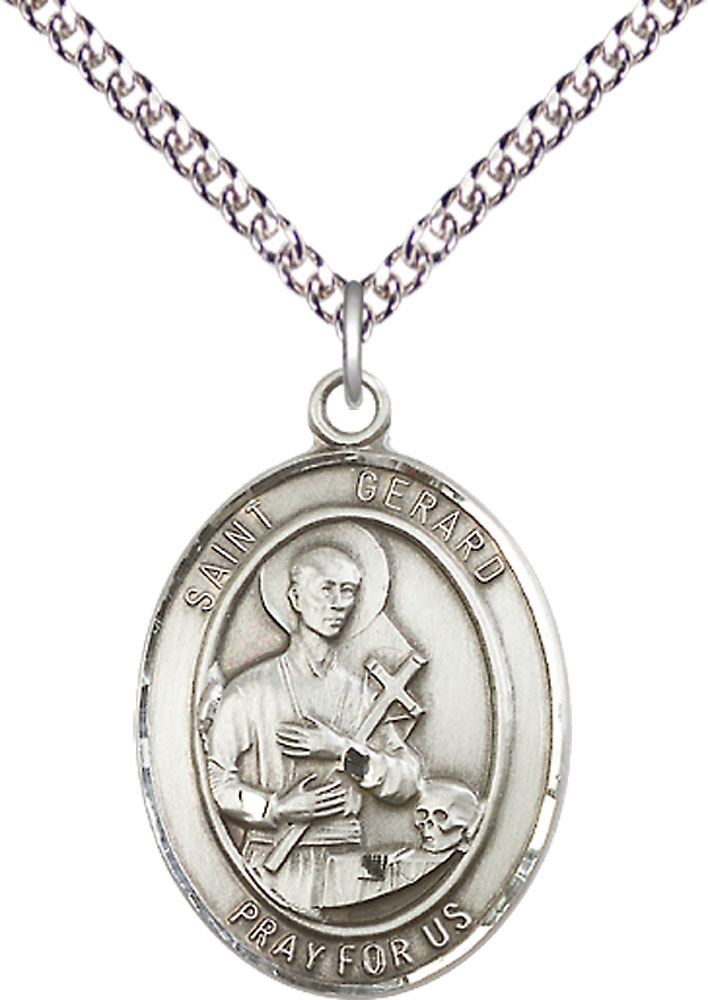 Sterling Silver Saint Gerard Majella Pendant on a 24 inch Sterling Silver Heavy Curb chain