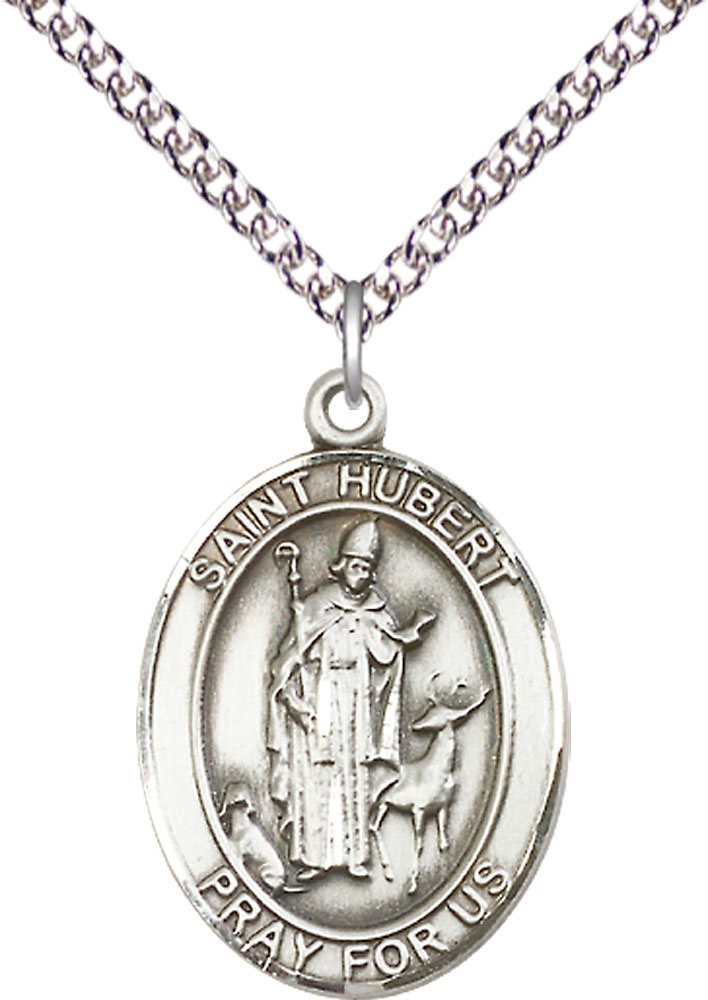 Sterling Silver Saint Hubert of Liege Pendant on a 24 inch Sterling Silver Heavy Curb chain