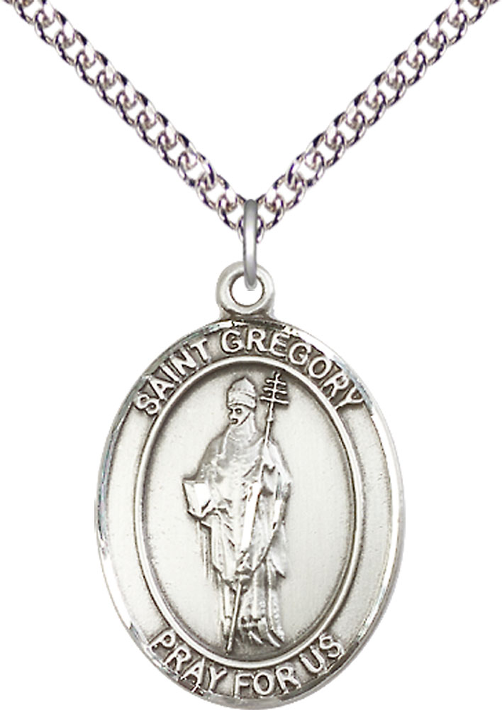 Sterling Silver Saint Gregory the Great Pendant on a 24 inch Sterling Silver Heavy Curb chain