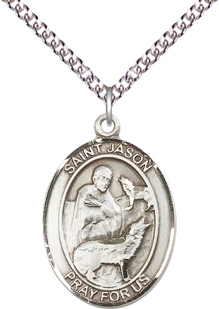 Sterling Silver Saint Jason Pendant on a 24 inch Sterling Silver Heavy Curb chain