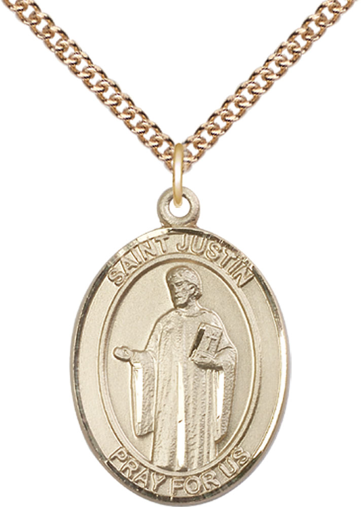 14kt Gold Filled Saint Justin Pendant on a 24 inch Gold Filled Heavy Curb chain