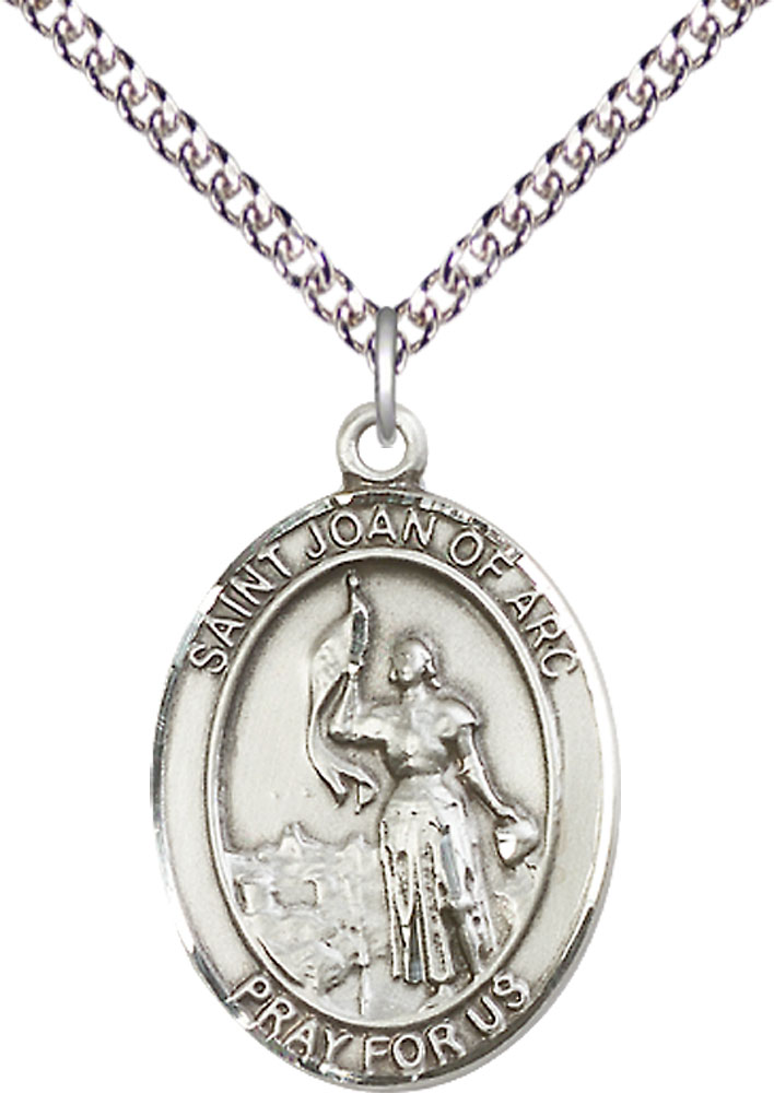 Sterling Silver Saint Joan of Arc Pendant on a 24 inch Sterling Silver Heavy Curb chain