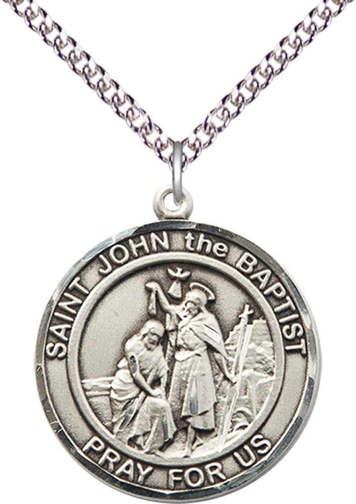 Sterling Silver Saint John the Baptist Pendant on a 24 inch Sterling Silver Heavy Curb chain