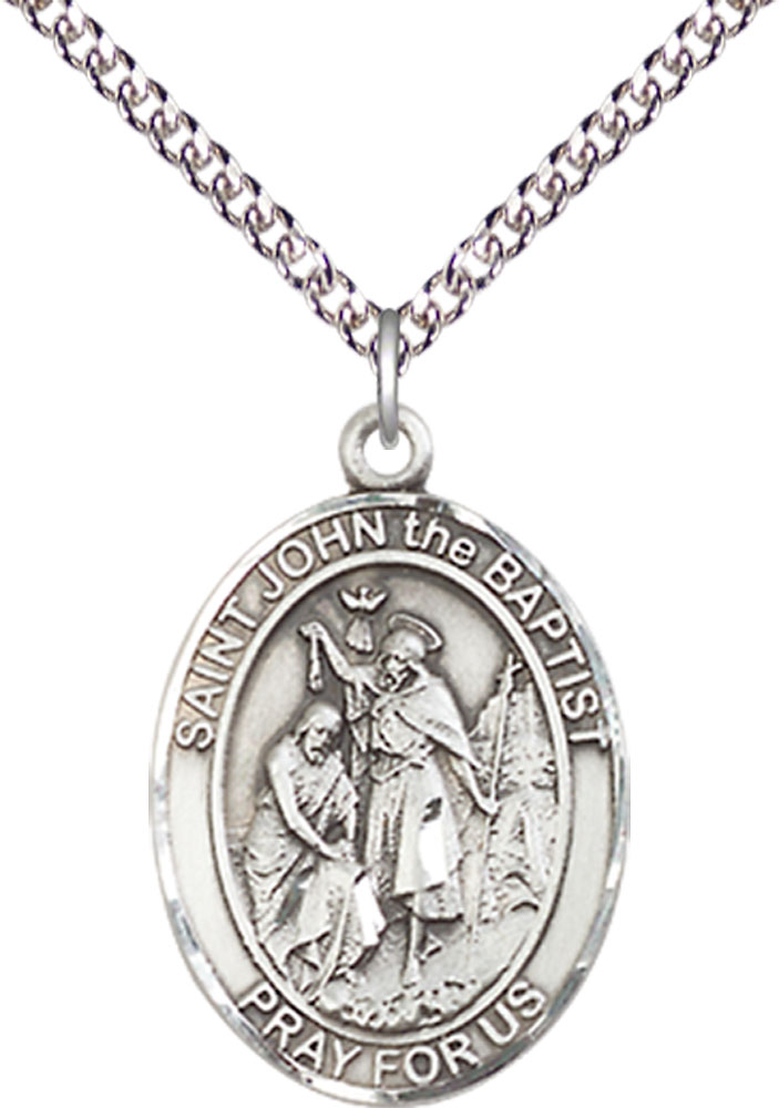 Sterling Silver Saint John the Baptist Pendant on a 24 inch Sterling Silver Heavy Curb chain