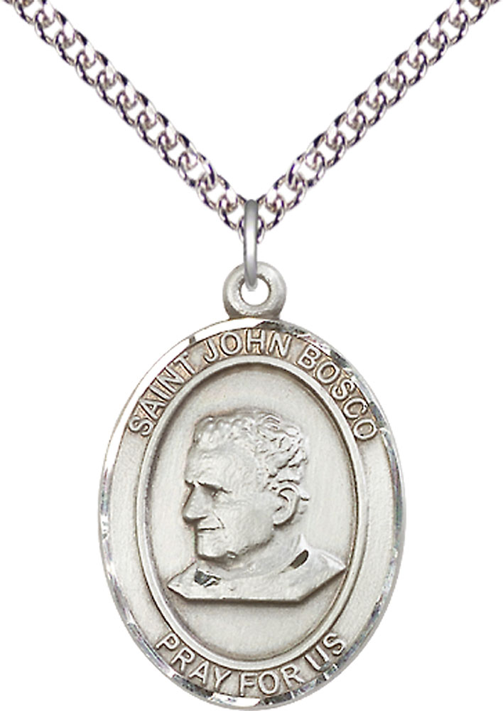Sterling Silver Saint John Bosco Pendant on a 24 inch Sterling Silver Heavy Curb chain