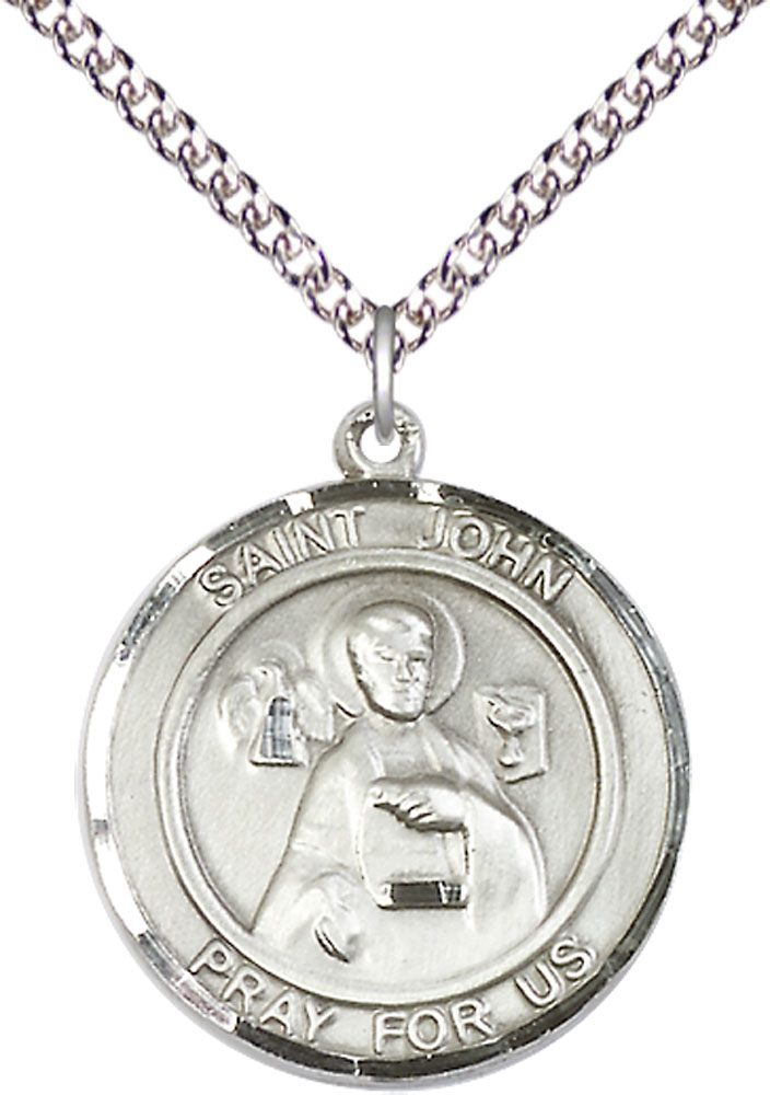 Sterling Silver Saint John the Apostle Pendant on a 24 inch Sterling Silver Heavy Curb chain